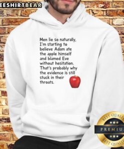 Hot men wear Adam Blamed Eve hoodie featuring a graphic of Adam's apple, showcasing trendy fashion and playful humor.