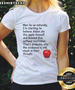 Hot Men Lie tee featuring Adam blaming Eve, showcasing Adam's apple design for a fun, stylish look.
