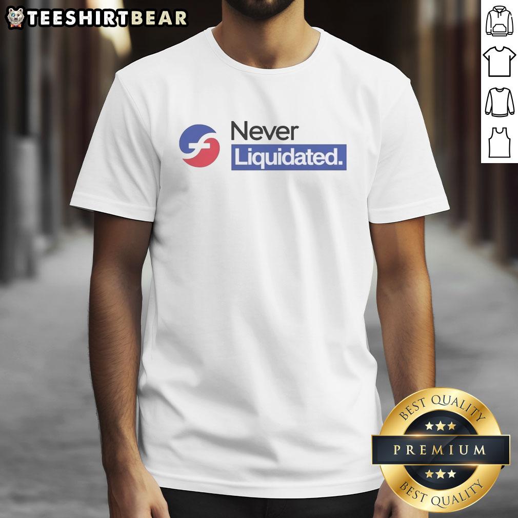 Alt Text: Hot Never Liquidated FX Protocol logo t-shirt featuring bold design and vibrant colors, perfect for crypto enthusiasts.