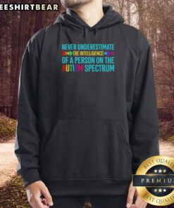 Hot hoodie featuring the phrase 'Never Underestimate the Intelligence of a Person on the Autism Spectrum' in bold print.