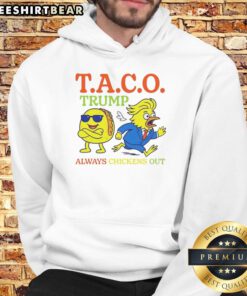 Alt Text: Hot Taco Trump Always Chickens Out T.A.C.O. Hoodie featuring a colorful design and humorous graphic. Perfect for taco lovers!
