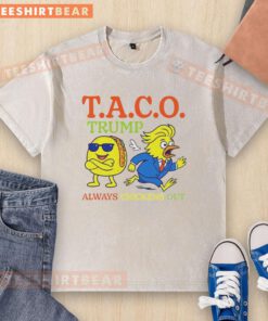 Alt Text: Hot Taco Trump Always Chickens Out T.A.C.O. washed t-shirt featuring a humorous graphic design in vibrant colors.