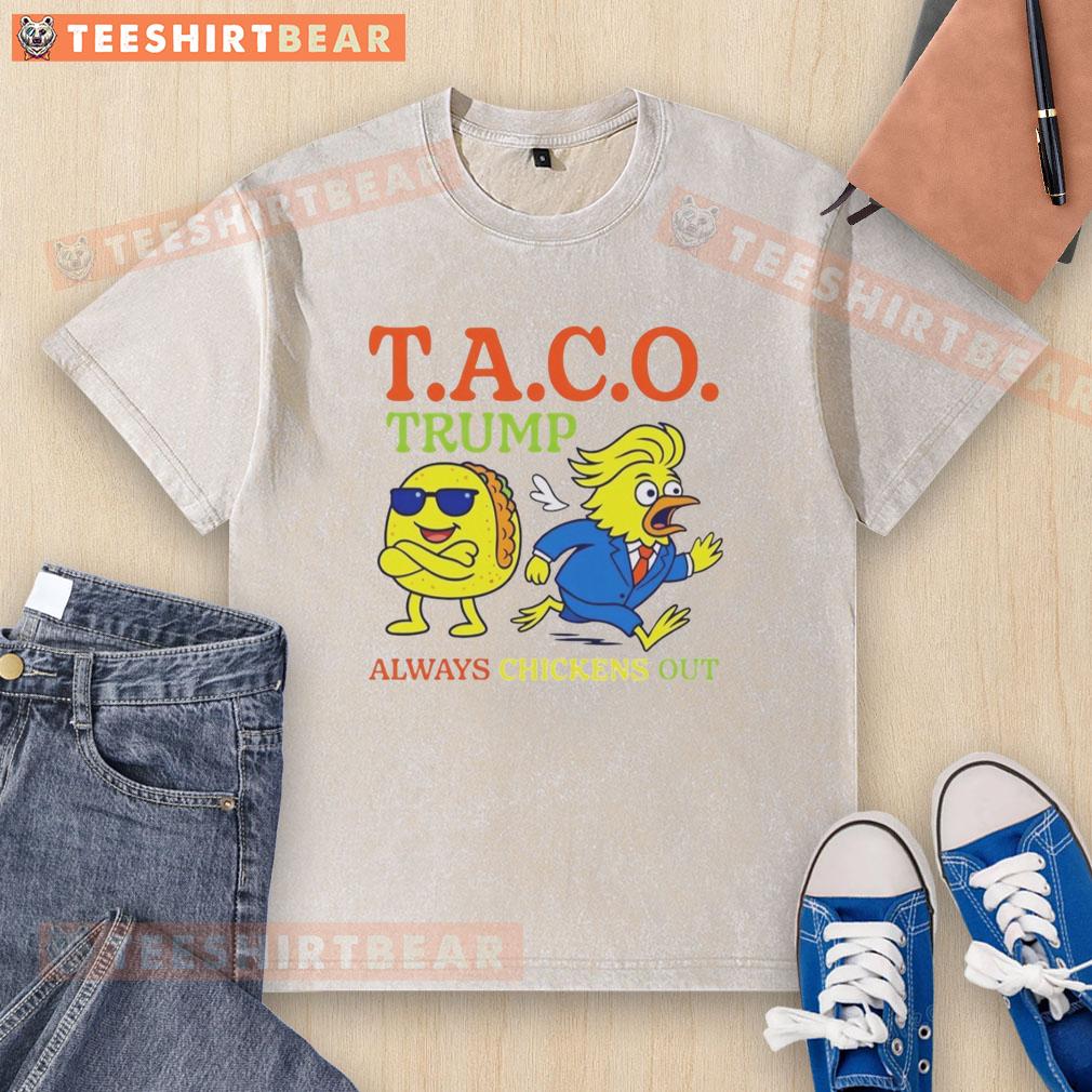 Alt Text: Hot Taco Trump Always Chickens Out T.A.C.O. washed t-shirt featuring a humorous graphic design in vibrant colors.