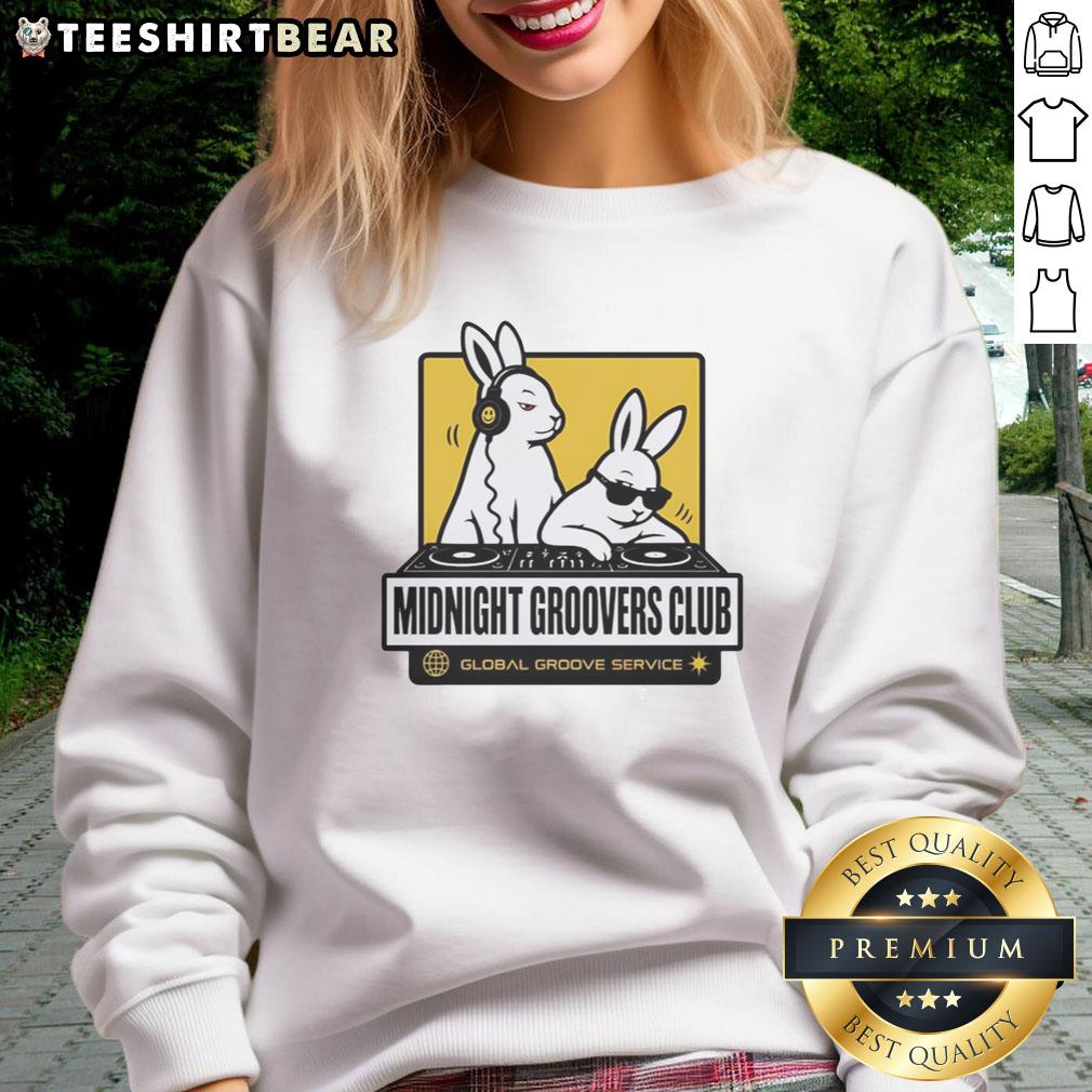 Nice DJ Bunny's Midnight Groovers Club sweatshirt featuring vibrant design for global groove enthusiasts.
