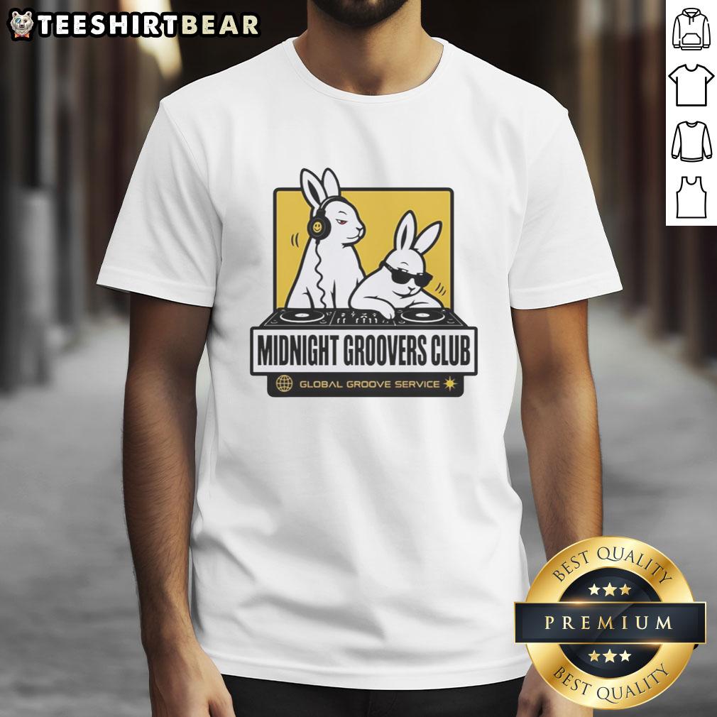 Nice DJ Bunny's Midnight Groovers Club T-Shirt featuring vibrant graphics for global groove enthusiasts.