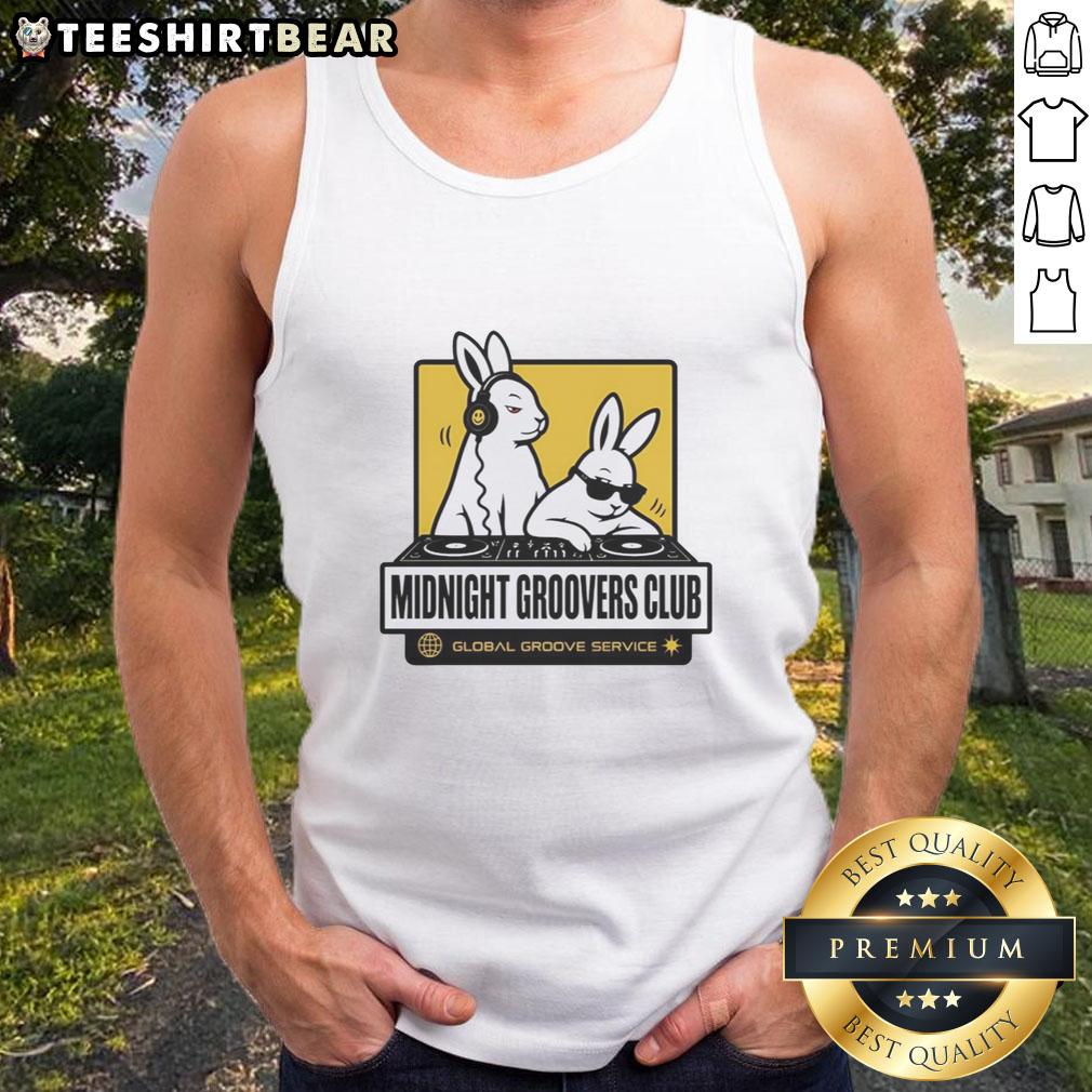 Nice DJ Bunny's Midnight Groovers Club tank top with vibrant design, perfect for global groove enthusiasts and music lovers.