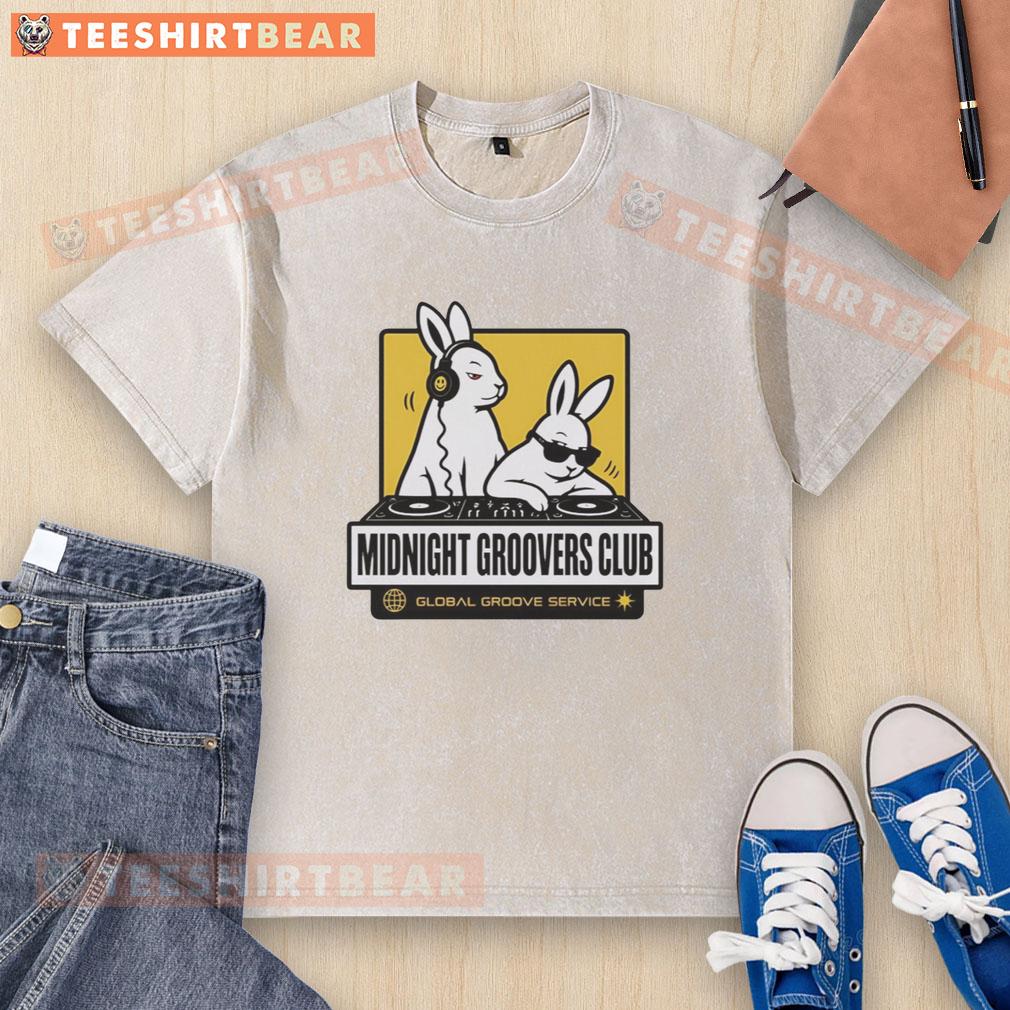 Alt Text: Nice DJ Bunny's Midnight Groovers Club Global Groove Service washed t-shirt in vibrant colors, perfect for music lovers.