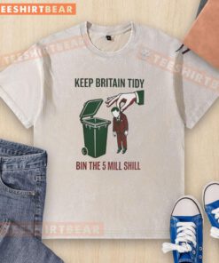 Nice Keep Britain Tidy Bin The 5 Mill Shill washed t-shirt displayed on a hanger, showcasing eco-friendly fashion.