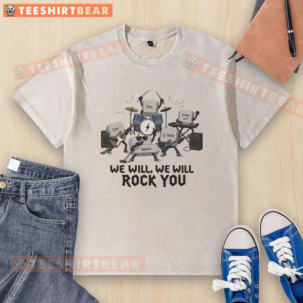 Alt Text: Nice Keyboard Rock Band Print on a Washed T-Shirt, perfect for music lovers and casual wear enthusiasts.