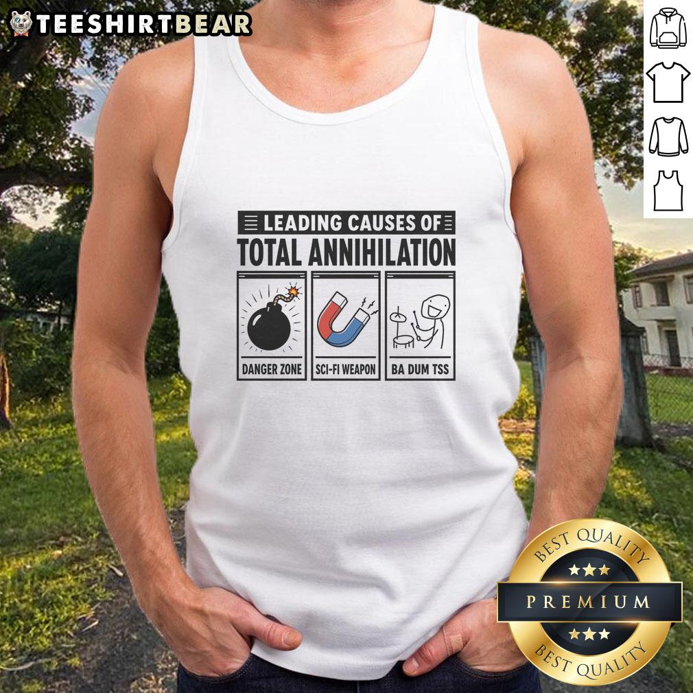 Stylish 'Nice Leading Causes of Total Annihilation' tank top design featuring bold graphics and modern aesthetic.