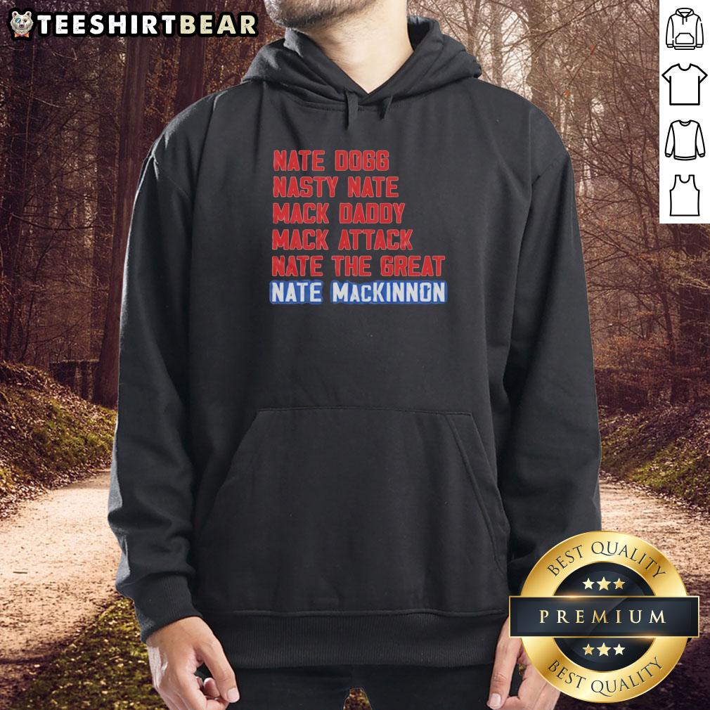 Nice Nate Mackinnon hoodie featuring popular nicknames like Nate Dogg and Nasty Nate, perfect for hockey fans.