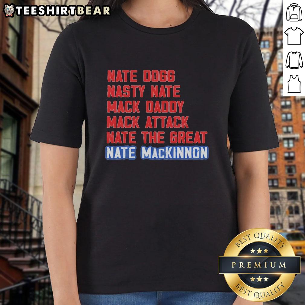Stylish ladies' tee featuring popular nicknames for Nathan MacKinnon: Nice Nate, Nate Dogg, Nasty Nate, and Mack Daddy.