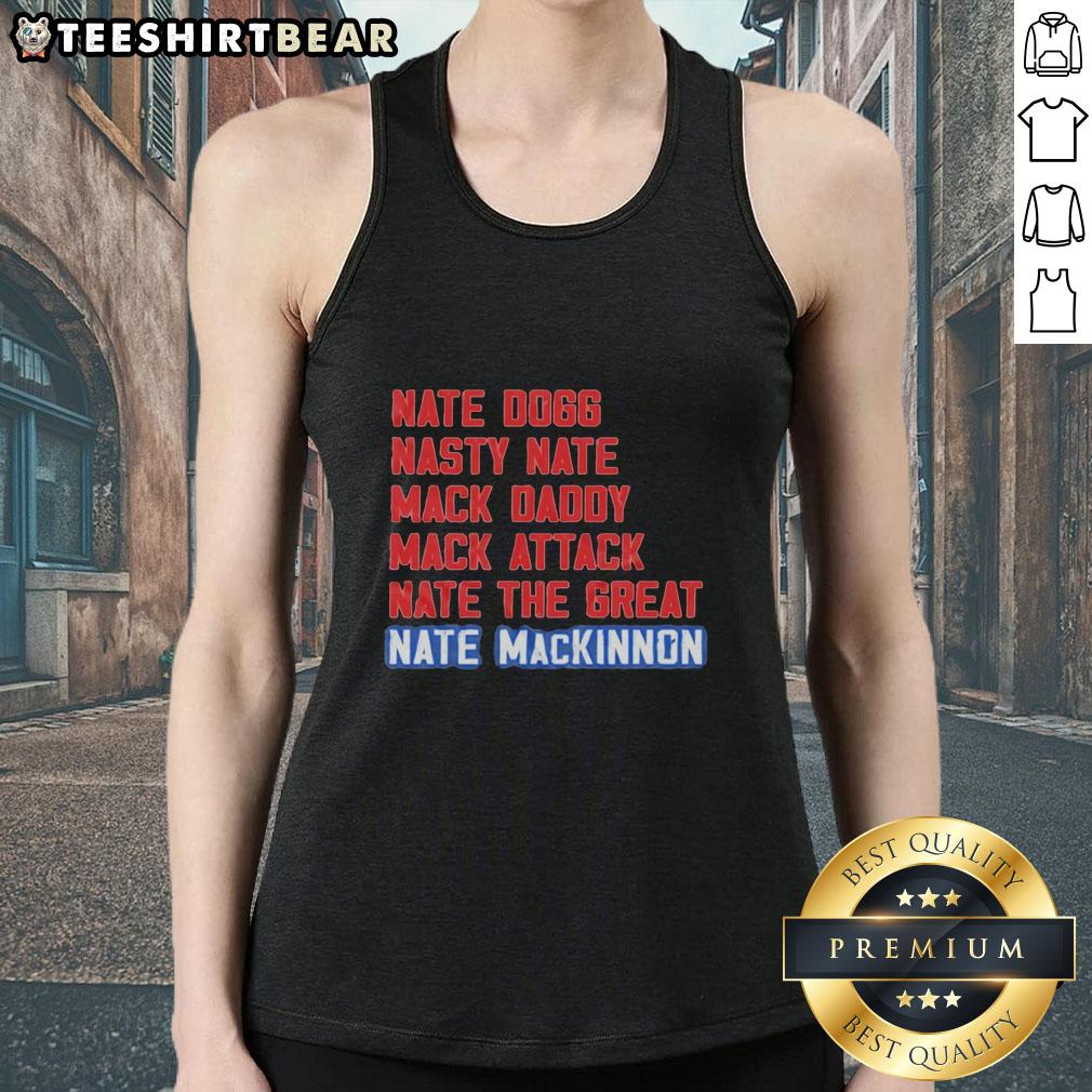 Nice Nate Mackinnon wearing a stylish tank top featuring his popular nicknames, including Nate Dogg and Mack Daddy.