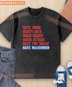 Nice Nate Mackinnon T-shirt featuring fun nicknames like Nasty Nate and Mack Daddy, perfect for hockey fans.