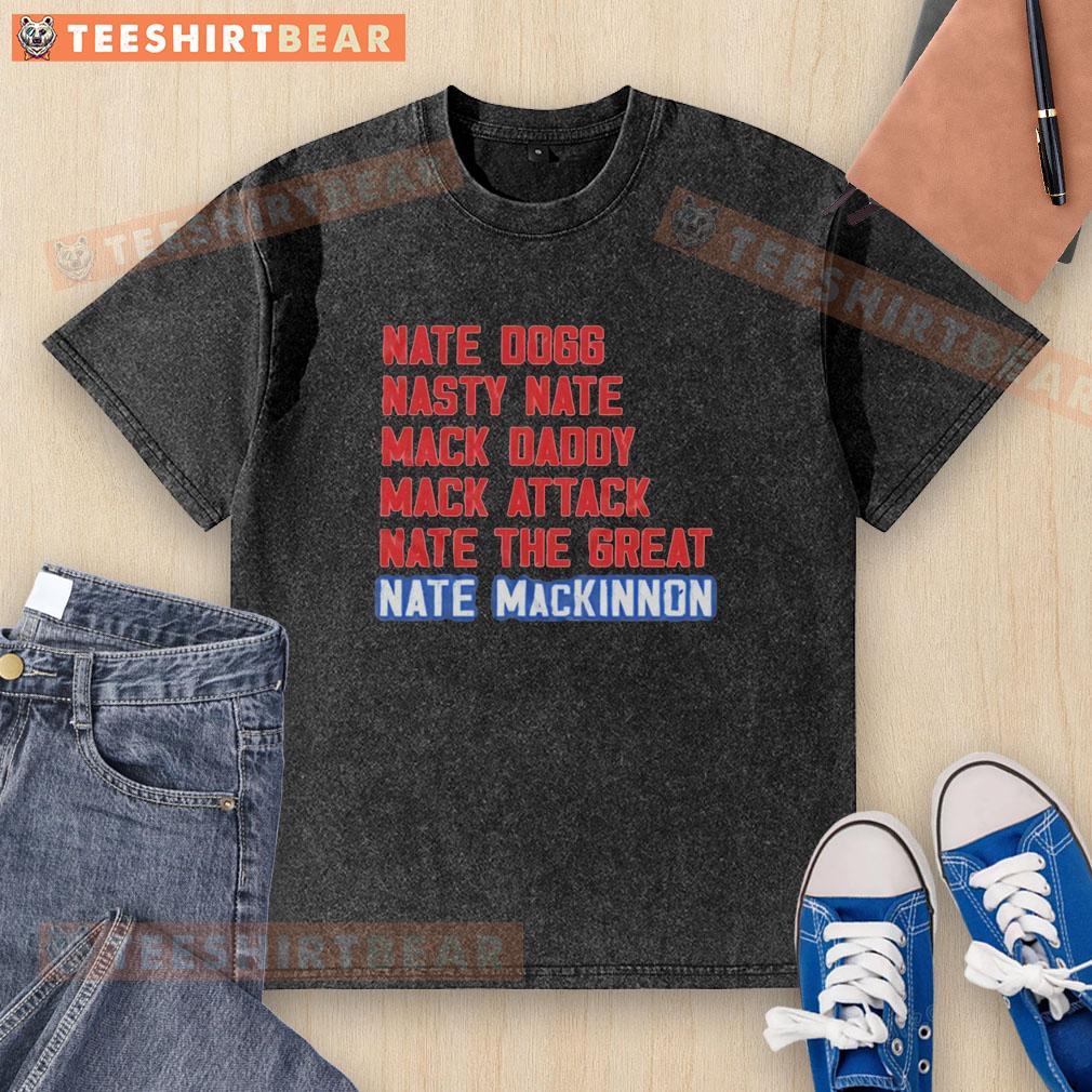 Nice Nate Mackinnon T-shirt featuring fun nicknames like Nasty Nate and Mack Daddy, perfect for hockey fans.