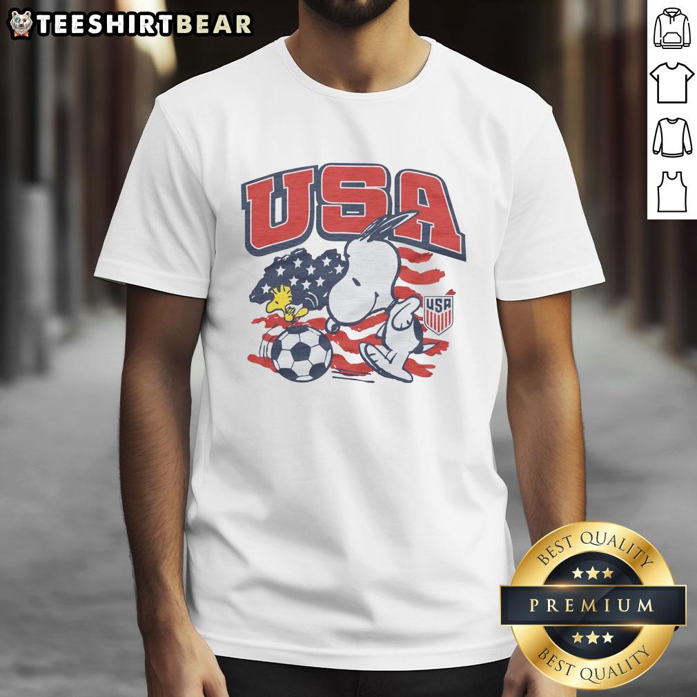 Nice Peanuts Snoopy X Us Soccer T-Shirt featuring Snoopy in a soccer jersey, perfect for fans of Peanuts and soccer.