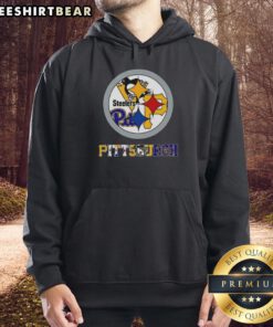 Cozy hoodie featuring the Pittsburgh Steelers NFL logo and other Pittsburgh sports teams' logos, perfect for fans.