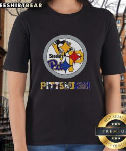 Stylish ladies tee featuring the Pittsburgh Steelers NFL logo and iconic Pittsburgh sports team logos.