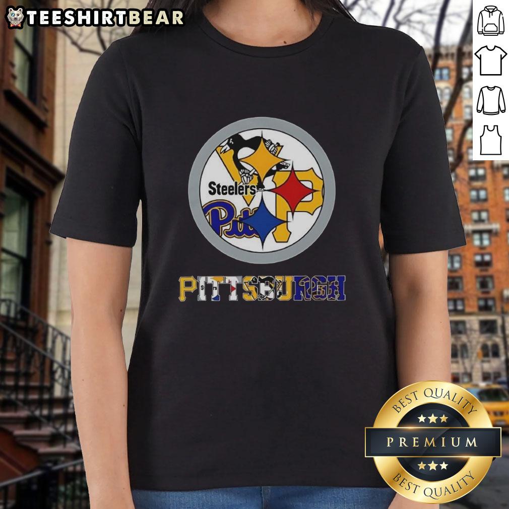 Stylish ladies tee featuring the Pittsburgh Steelers NFL logo and iconic Pittsburgh sports team logos.