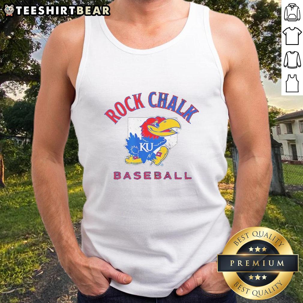 Nice Rock Chalk Kansas Jayhawks baseball home plate tank top featuring vibrant team colors and logo design.