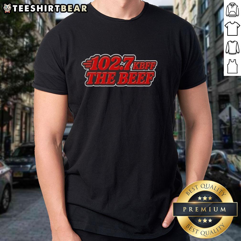 Official Kbff 102.7 The Beef T-Shirt featuring a bold logo design, perfect for fans of the radio station.