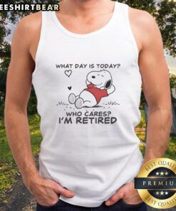 Official Snoopy sleeping tank top design with 'What Day Is Today? Who Cares, I'm Retired' text for casual wear.