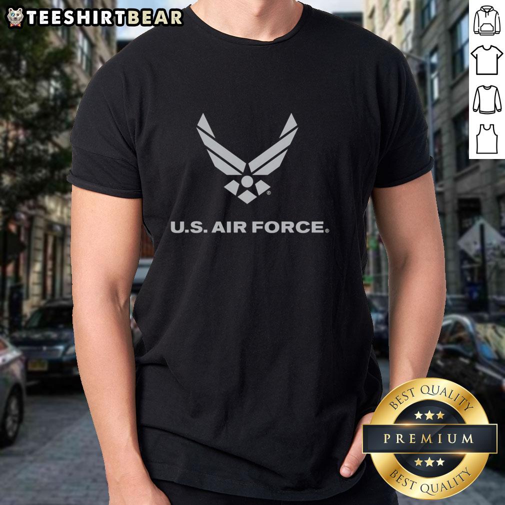 Alt Text: Official US Air Force Military Pride Wings Emblem T-Shirt featuring service text, perfect for proud Air Force members.