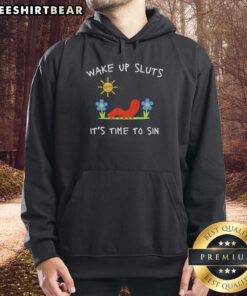 Funny 'Wake Up Sluts It's Time to Sin' summer hoodie featuring vibrant graphics and playful text for a lighthearted vibe.