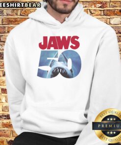 Original 50th Anniversary Jaws Hoodie featuring iconic shark design, perfect for fans celebrating the classic film.
