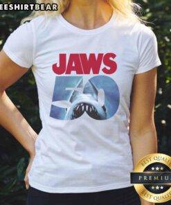 Original 50th Anniversary Jaws Ladies Tee featuring classic shark graphics, perfect for fans of the iconic movie.