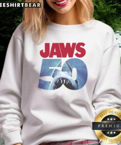 Original 50th Anniversary Jaws Sweatshirt featuring iconic shark graphic, perfect for movie fans and collectors.