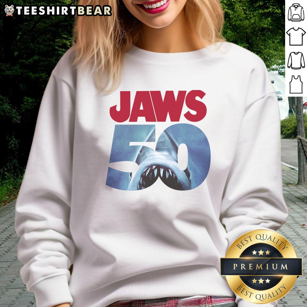 Original 50th Anniversary Jaws Sweatshirt featuring iconic shark graphic, perfect for movie fans and collectors.