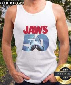 Original 50th Anniversary Jaws Tank Top featuring iconic shark design, perfect for movie fans and summer style.