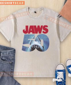 Original 50th Anniversary Jaws Washed T-Shirt featuring vintage design and iconic shark graphic for movie fans.