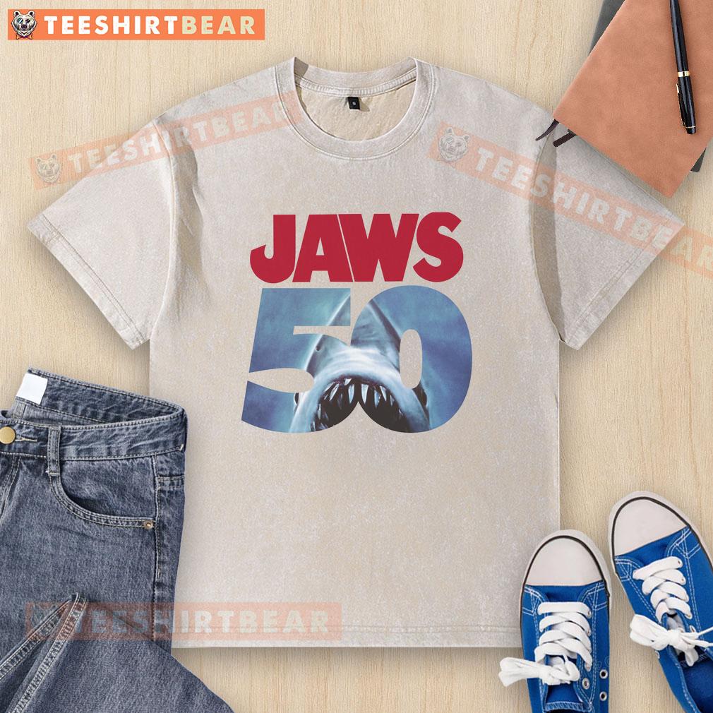 Original 50th Anniversary Jaws Washed T-Shirt featuring vintage design and iconic shark graphic for movie fans.