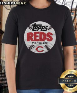 Original Cincinnati Reds MLB X Topps Baseball The Real One Ladies Tee featuring vibrant team colors and logo design.