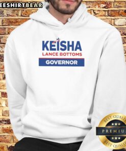 Keisha Lance Bottoms in a stylish hoodie promoting her gubernatorial campaign for election, showcasing her political brand.