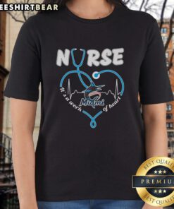 Original Miami Marlins Nurse tee featuring 'It's A Work Of Heart' design, perfect for baseball fans and healthcare workers.