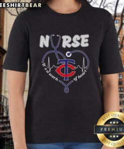 Original Minnesota Twins Nurse 'It's a Work of Heart' ladies tee featuring a stylish design for baseball and healthcare fans.