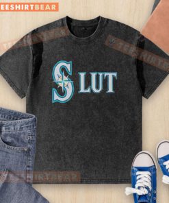 Alt Text: Original Seattle Mariners Slut Logo washed t-shirt featuring a vintage design and soft fabric, perfect for fans.