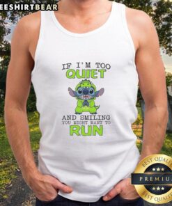 Alt Text: Original Stitch wearing a green hoodie with 'If I'm too quiet and smiling, you might want to run' tank top
