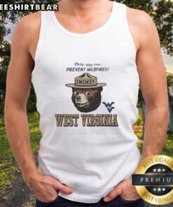 Original West Virginia X Only You Can Prevent Wildfires Smokey tank top featuring iconic Smokey Bear graphic design.