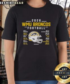2026 Western Michigan Broncos Football Schedule Ladies Tee featuring team colors and logo, perfect for fans.