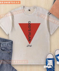 Alt Text: Premium Boxinton God's Plan t-shirt featuring an upside-down red triangle design on a washed fabric background.