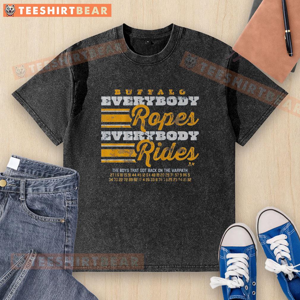 Premium Buffalo Hockey Everyone Ropes Everyone Rides Washed T-Shirt in soft fabric, perfect for fans and casual wear.