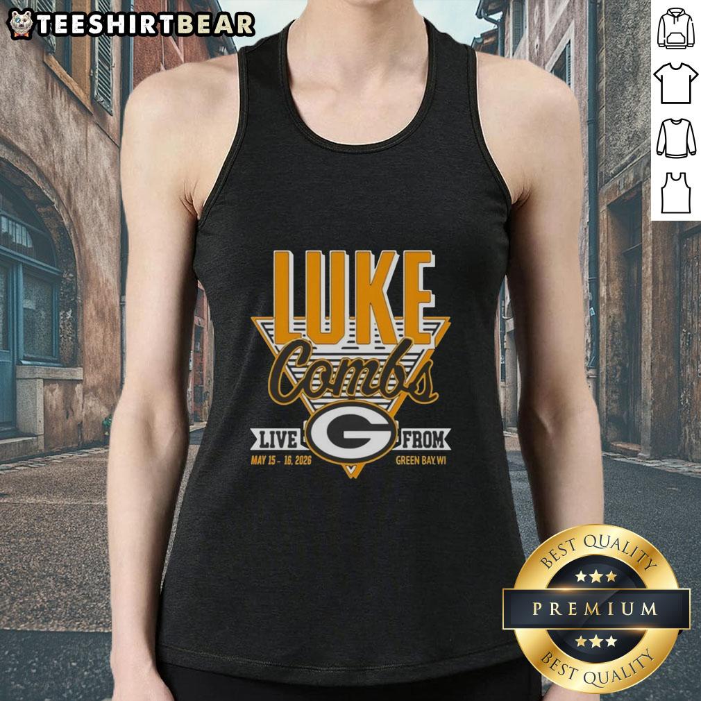 Premium Green Bay Packers tank top featuring Luke Combs for May 15-16, 2026 event in Green Bay, WI.