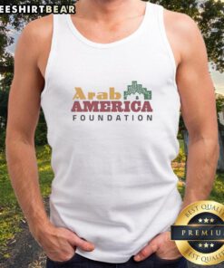 Alt Text: Premium Jacques Abou Rizk Arab America Foundation logo tank top showcasing vibrant design and cultural pride.