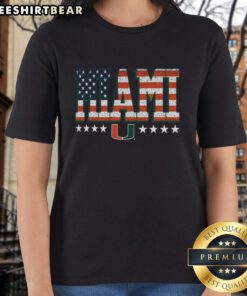 Premium Miami Hurricanes Tall Type Flag Ladies Tee showcasing vibrant team colors and stylish design for fans.