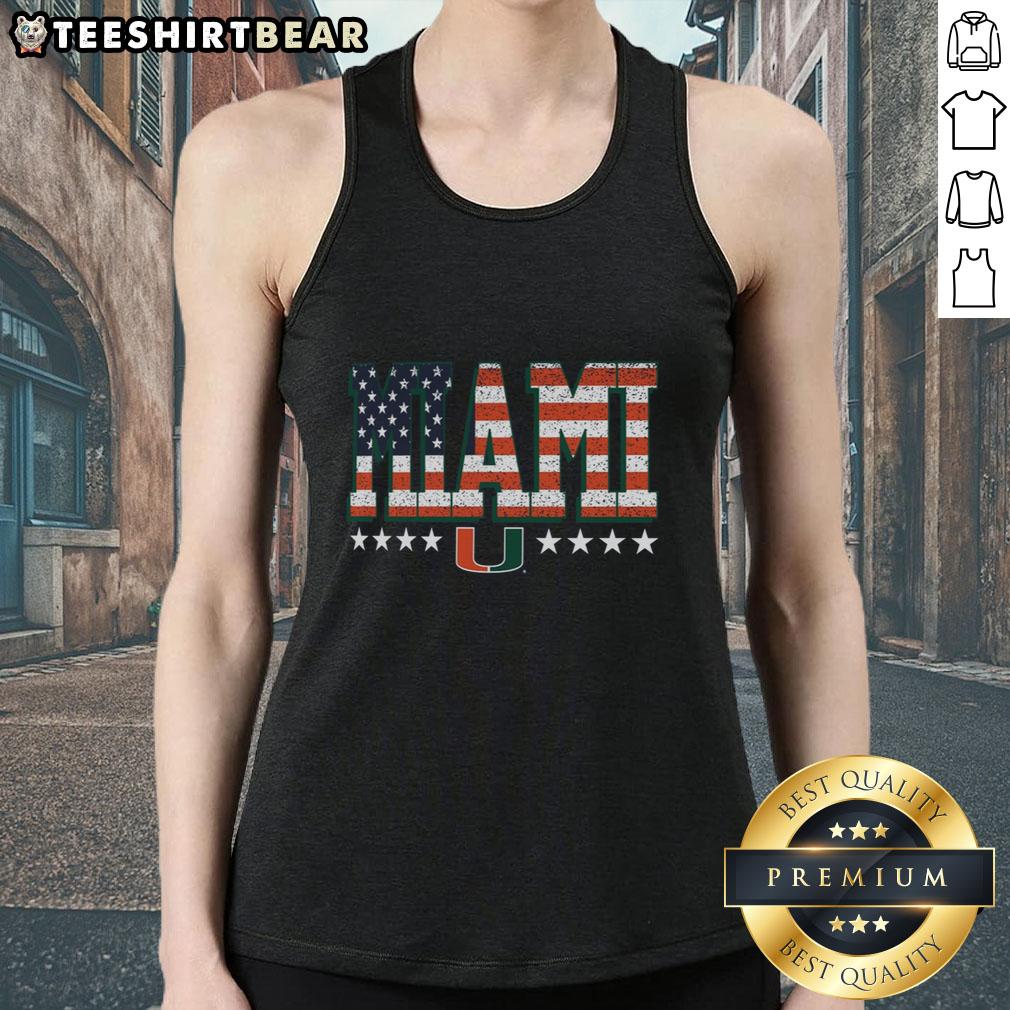 Premium Miami Hurricanes tall type flag tank top featuring vibrant team colors and logo, perfect for game day wear.