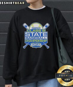 Alt Text: Premium NDHSAA Class B Baseball State Tournament 2026 sweatshirt featuring team colors and logo design.